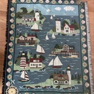 Nautical Lighthouse Tapestry Throw - Sea Blue, Cream, Green